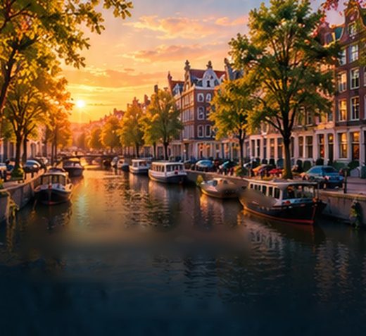 An Amsterdam canal at sunset.