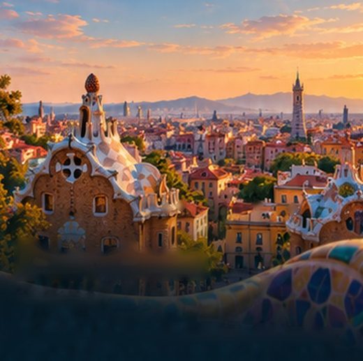 Barcelona's rooftops at golden hour.