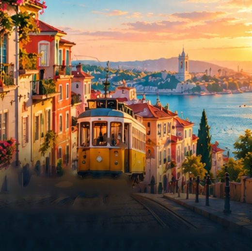 A tram in Lisbon at sunset.