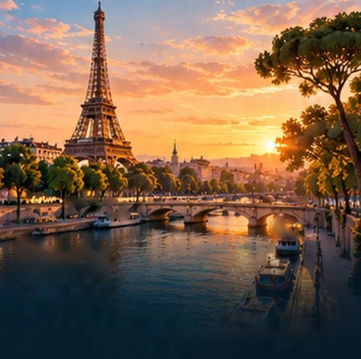 The Eiffel Tower at sunset.