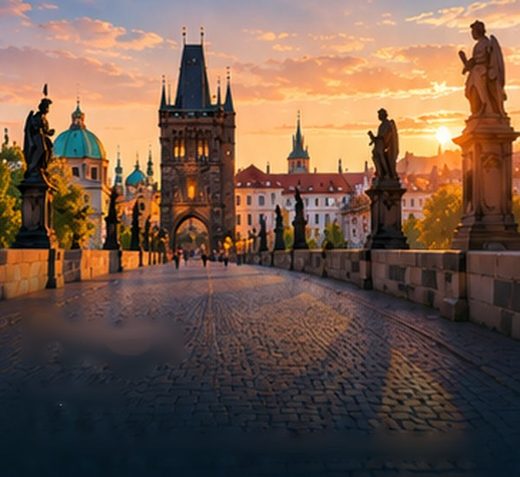 Charles Bridge in Prague at sunset.