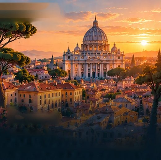 Rome at golden hour, with St Peter's Basilica in the distance.
