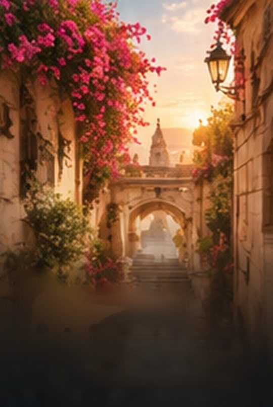 A flower-lined Roman alley at golden hour, for the Slow edition.
