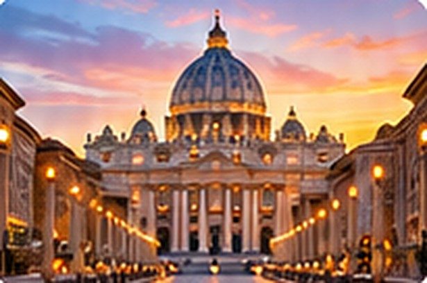 St Peter's Basilica dome at sunrise, seen from near the Vatican Museums.