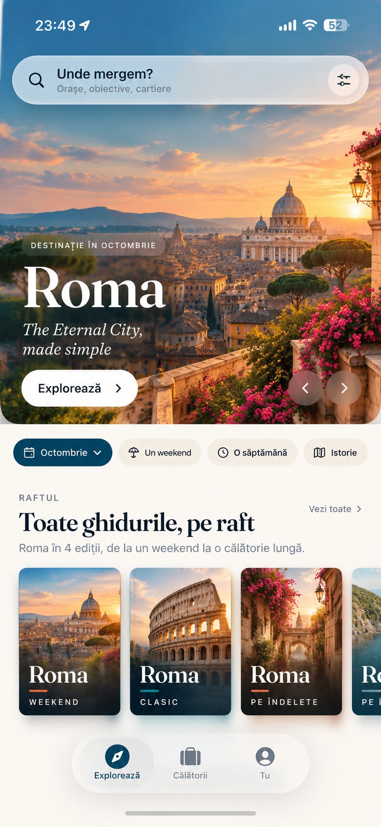 GuidaVista's Explore tab, showing Rome with its four editions, from Weekend to Complete.