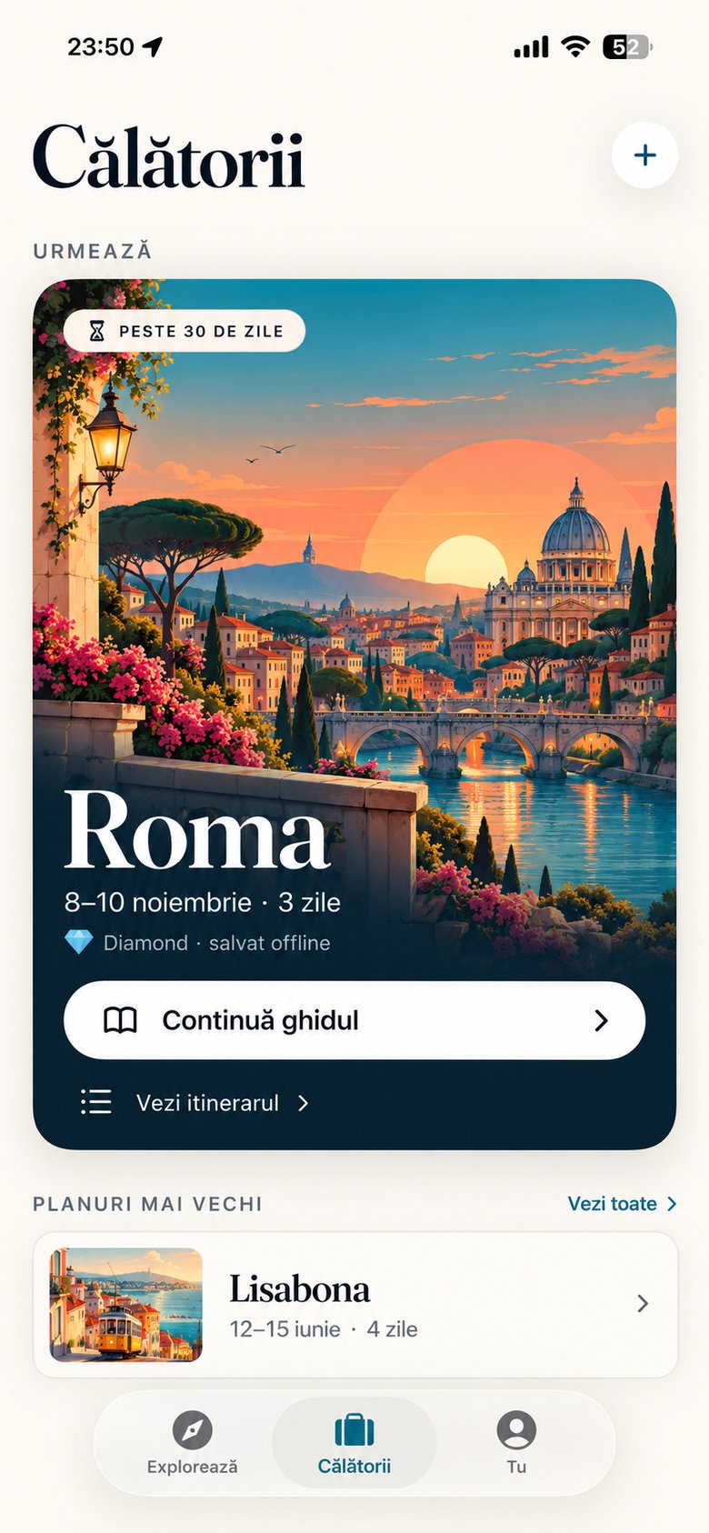 GuidaVista's Trips tab, showing an upcoming Rome trip saved for offline reading.