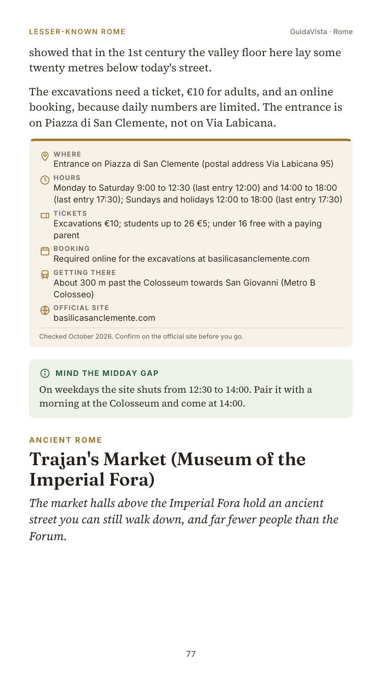 Sample guide page: lesser-known Rome, with the Trajan's Market excavations.