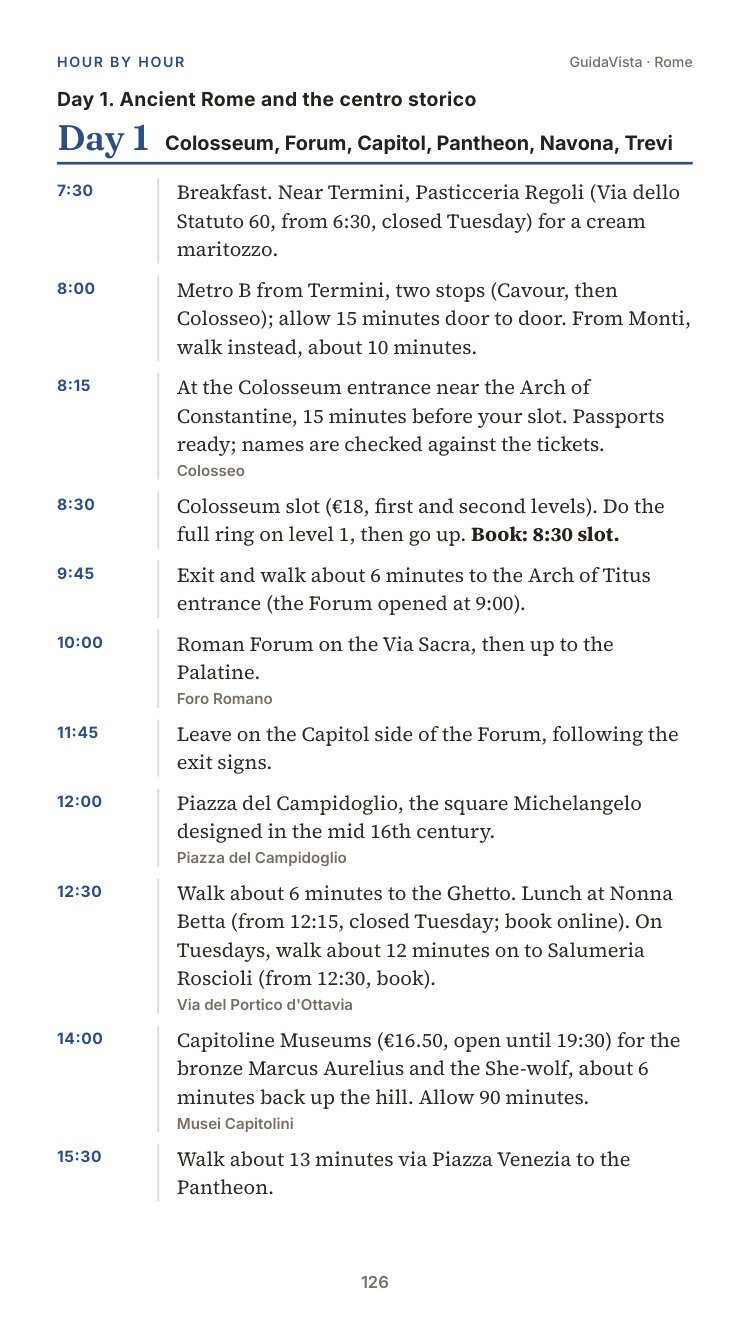 Sample guide page: an hour-by-hour day plan for Ancient Rome and the centro storico.