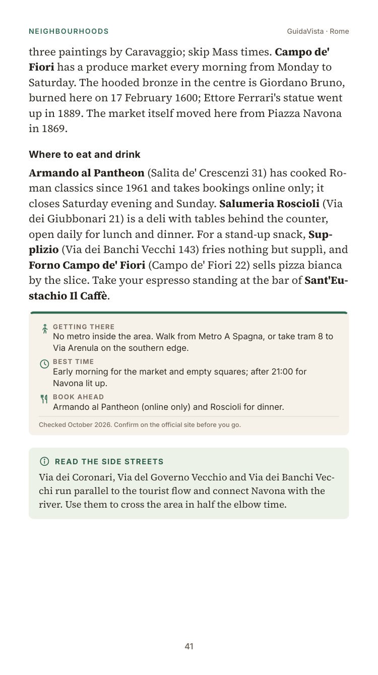 Sample guide page: Centro Storico neighbourhood, where to eat and when to go.