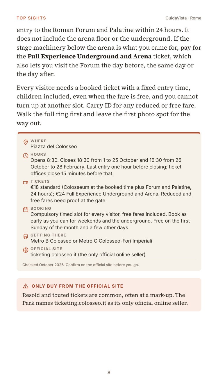 Sample guide page: Colosseum hours, tickets and booking, with the official site and a checked date.